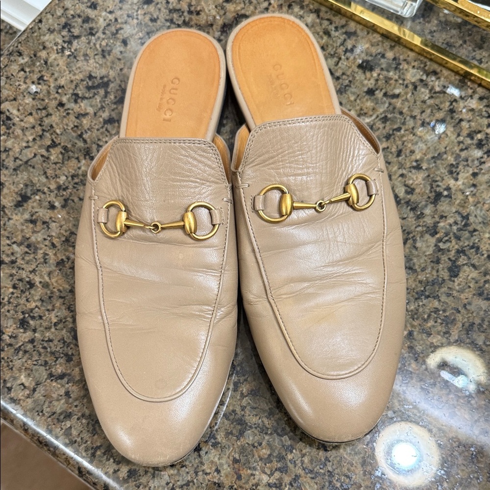 Gucci Tan Leather Mules with Gold horse bit